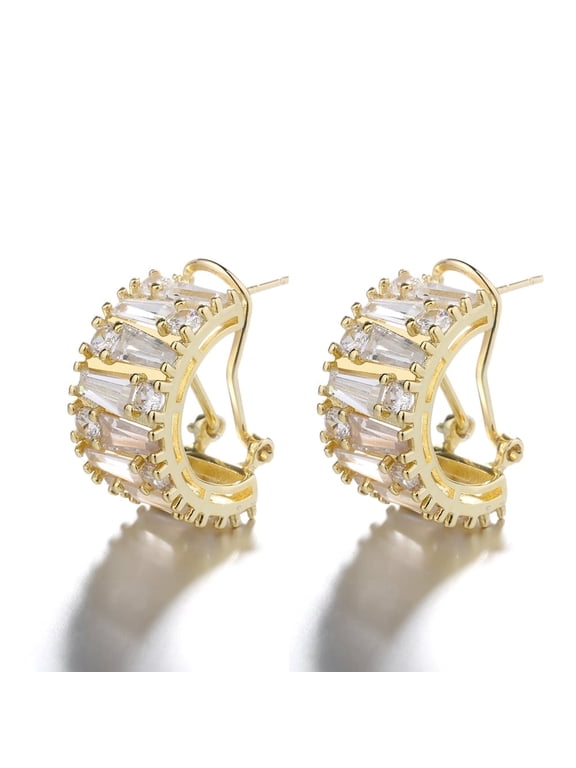 14K Gold Plated Round and Emerald Huggie Earrings With Genuine Crystals