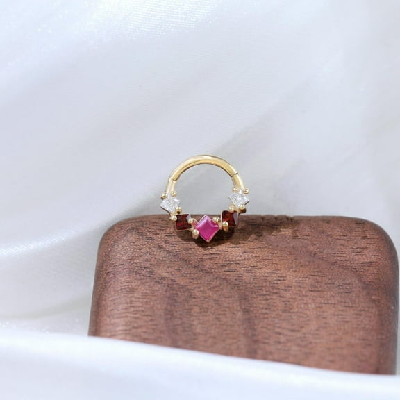 14K Gold Ruby Garnet Moissanite Cluster Hinged Clicker Gemstone Nose Ring Cartilage Helix Daith Earring Septum Ring Piercing Gift Women Pinkcityshopstore