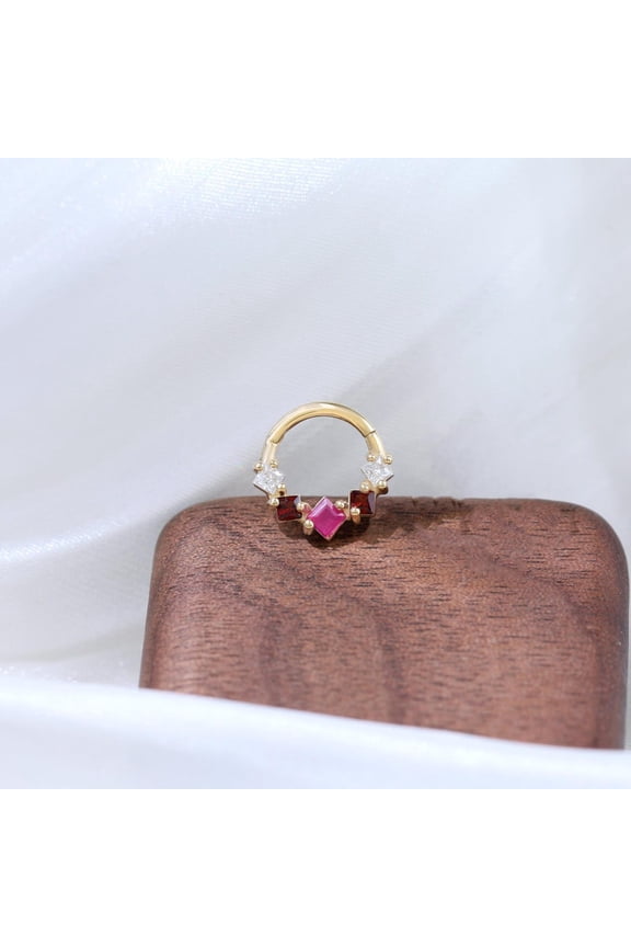 14K Gold Ruby Garnet Moissanite Cluster Hinged Clicker Gemstone Nose Ring Cartilage Helix Daith Earring Septum Ring Piercing Gift Women Pinkcityshopstore