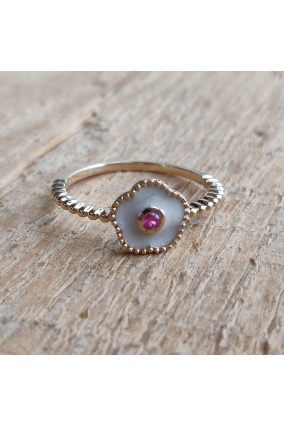 14K Gold Ruby Ring, White Enamel Ruby Ring , Bridesmaids' Alternative Engagement Ring, Natural Ruby 14K Yellow Gold Ring, July Birthstone