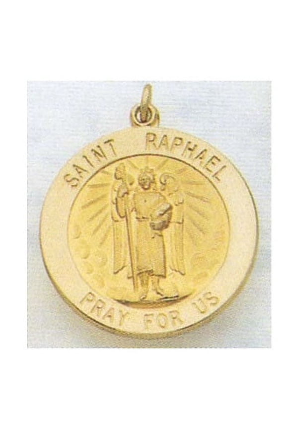 14K Gold Saint Raphael Religious Medal - Solid 14k Yellow Gold, Just Under 3/4 Inch (18.0mm)