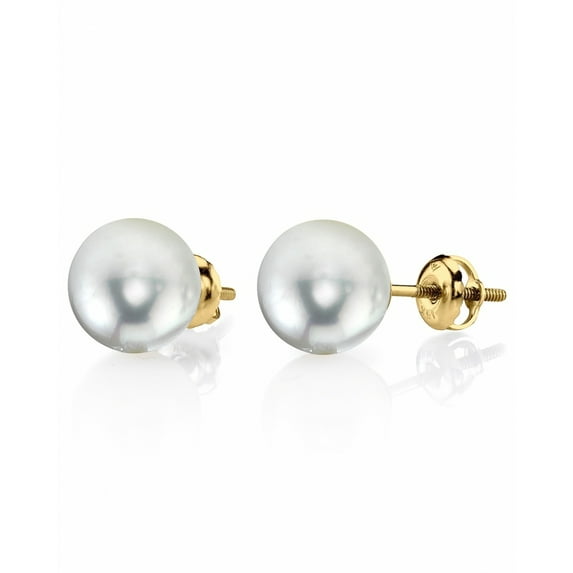 14K Gold Screw Back 9-10mm White South Sea Cultured Pearl Stud Earrings - AAAA Quality
