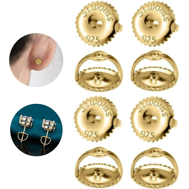 14K Gold Screw-on Earring-Backs Replacement for Threaded Post (0.032'') Only, 4 Pairs Silver Secure ScrewBack Backing Hypoallergenic (5mm Small)
