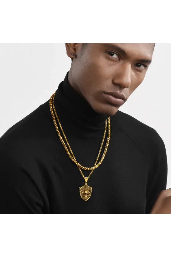 14K Gold Shield Pendant Skull Skeleton Necklaces for Man Woman 3mm 22 Incheslink Chain Unisex Gothic Punk Jewelry