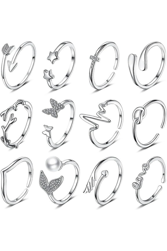 14K Gold/Silver Plated Stacking Rings for Women Gold Silver Adjustable Knuckle Rings for Teen Arrow Knot Wave Stackable Dainty Thumb Open Rings Set