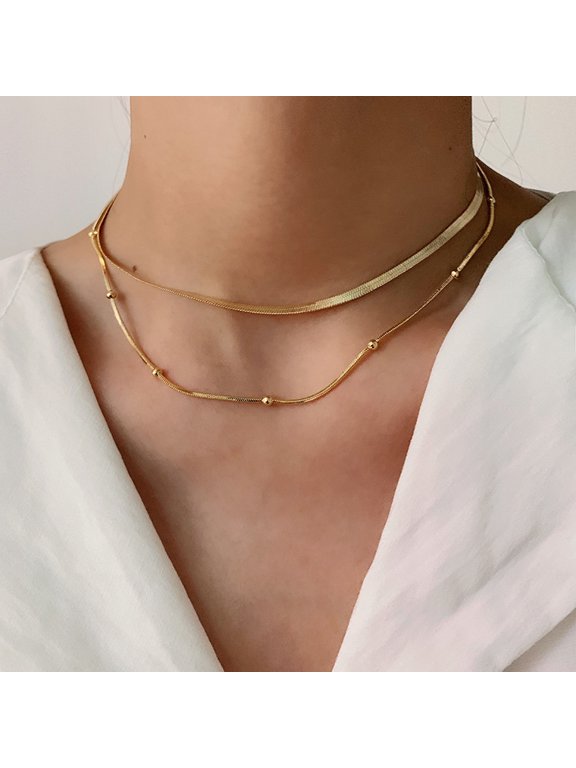 Simple 2Layer Ladies 14K Gold Filled Necklace, Circular Bead Snake Bones Chain Exquisite Fashion Jewelry