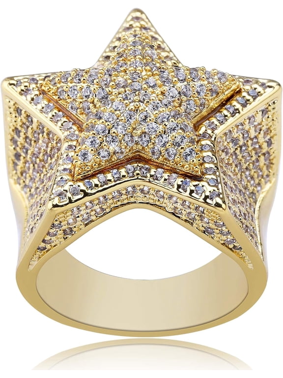 14K Gold Plated Star Ring Iced Out CZ Simulated 3D Star Punky Rappers 5 Star Ring for Men Engagement Hip Hop Jewelry