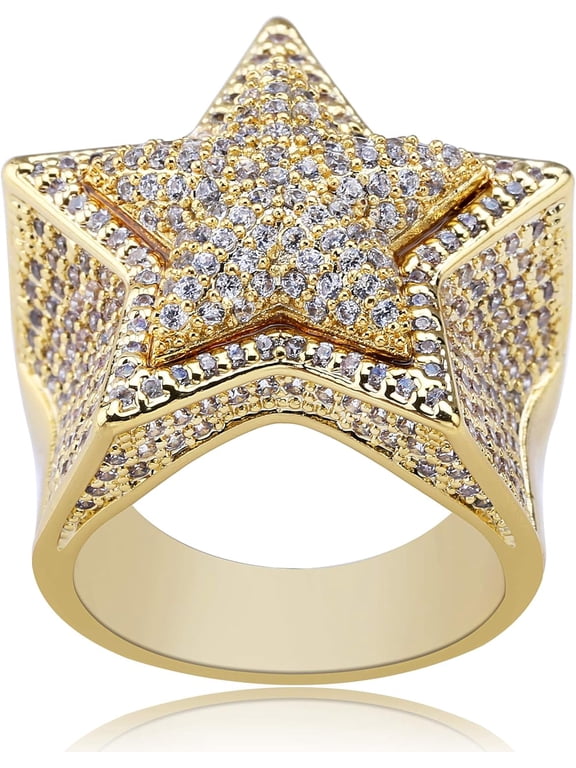14K Gold Plated Star Ring Iced Out CZ Simulated 3D Star Punky Rappers 5 Star Ring for Men Engagement Hip Hop Jewelry
