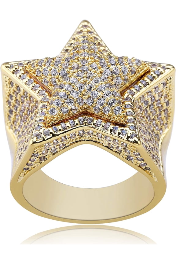 14K Gold Plated Star Ring Iced Out CZ Simulated 3D Star Punky Rappers 5 Star Ring for Men Engagement Hip Hop Jewelry