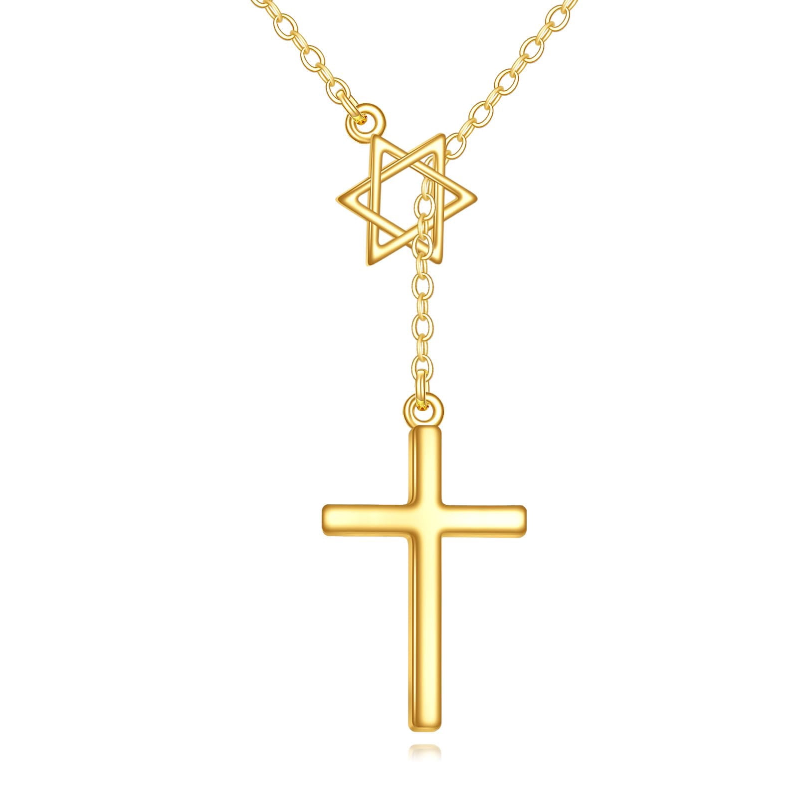 14K Gold Star of David with Y Cross Pendant Necklace for Men Women, Elegant Religious Jewelry Gift for Christmas, Birthday