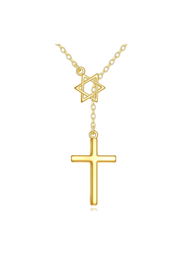 14K Gold Star of David with Y Cross Pendant Necklace for Men Women, Elegant Religious Jewelry Gift for Christmas, Birthday