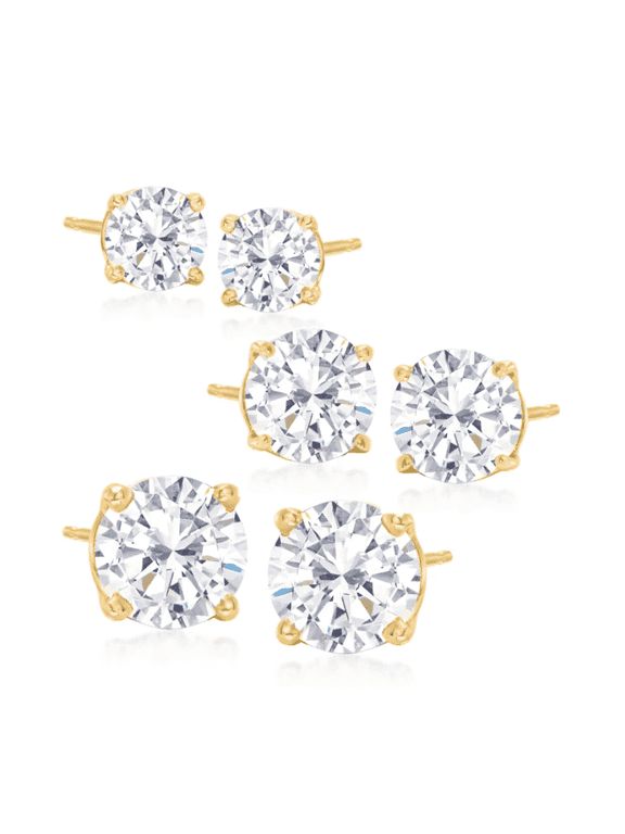 Amy and Annette 14K Gold Plated Sterling Silver Stud Earrings with Simulated Diamonds, 925 Sterling Silver
