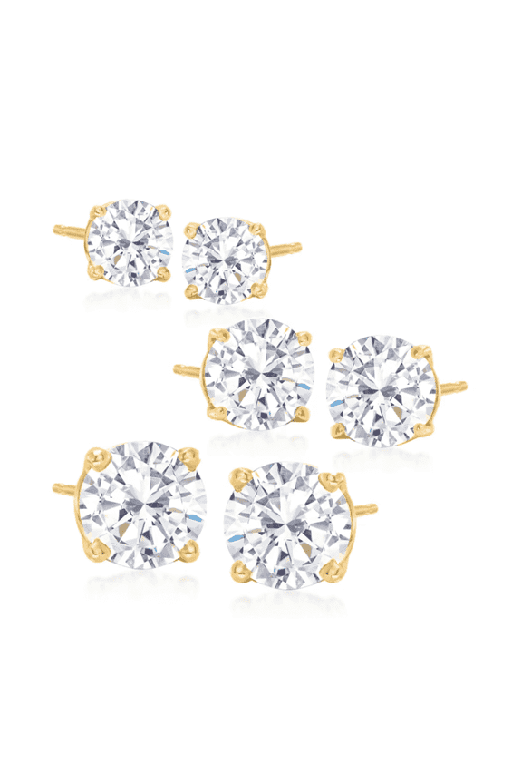14K Gold Plated Sterling Silver Stud Earrings with Simulated Diamonds, 925 Sterling Silver