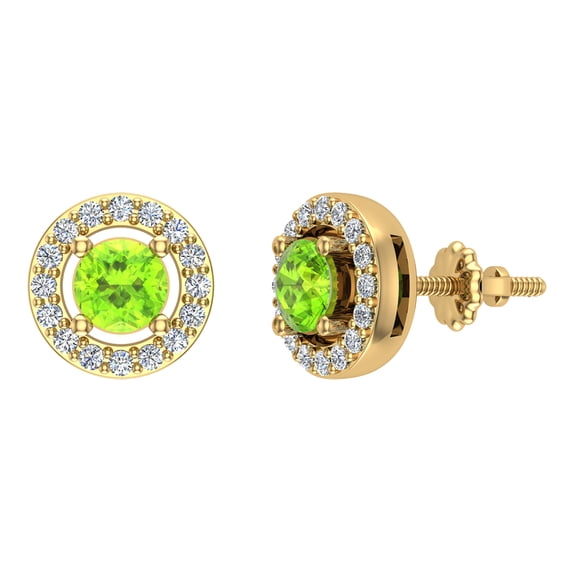14K Gold Studs Peridot Diamond Halo Birthstone Earrings August 0.70 CT TW Screw Back Posts