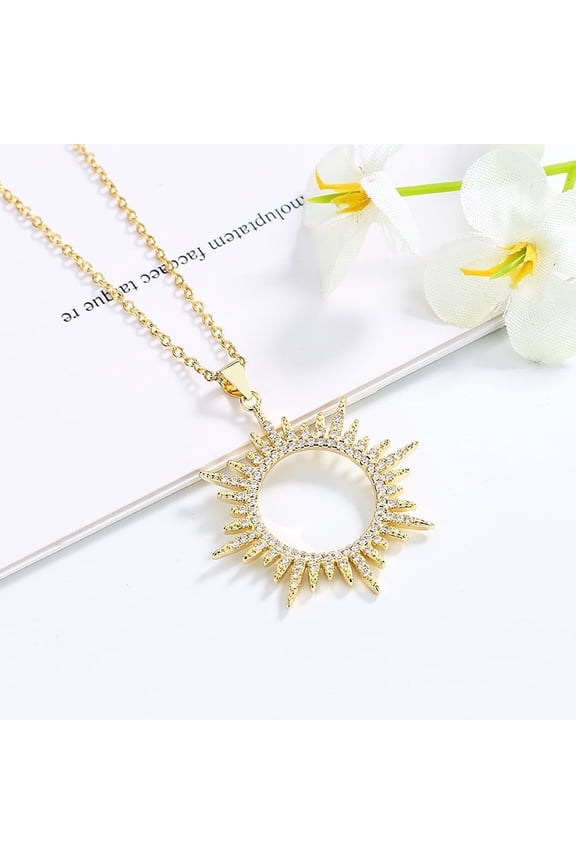 14K Gold Plated over Sterling Silver Sunburst Pendant Necklace with Simulated Diamonds