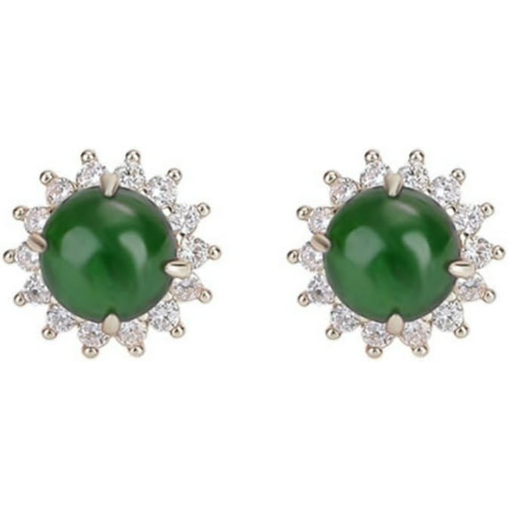 14K Gold Sunflower Jade Stud Earrings with Round Beads for Women, Retro and Minimalist Design, Gift for Her on Women's Day