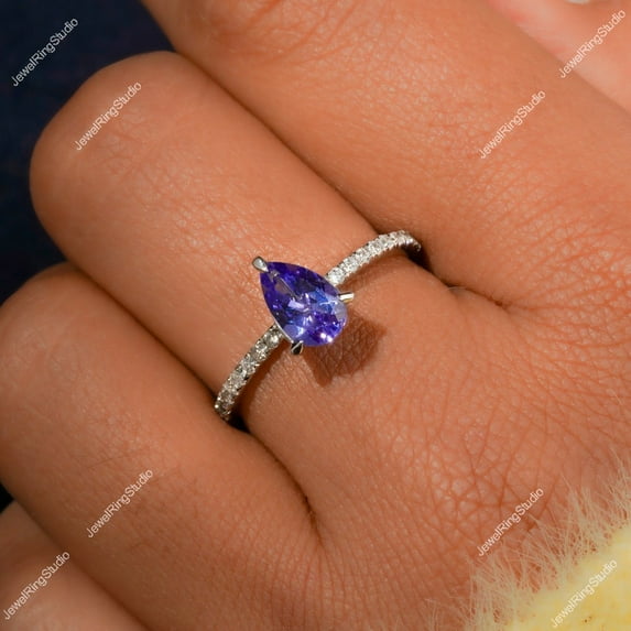 14K Gold Tanzanite Ring Silver Engagement Gift For Her Pear August Birthstone Wedding Gift