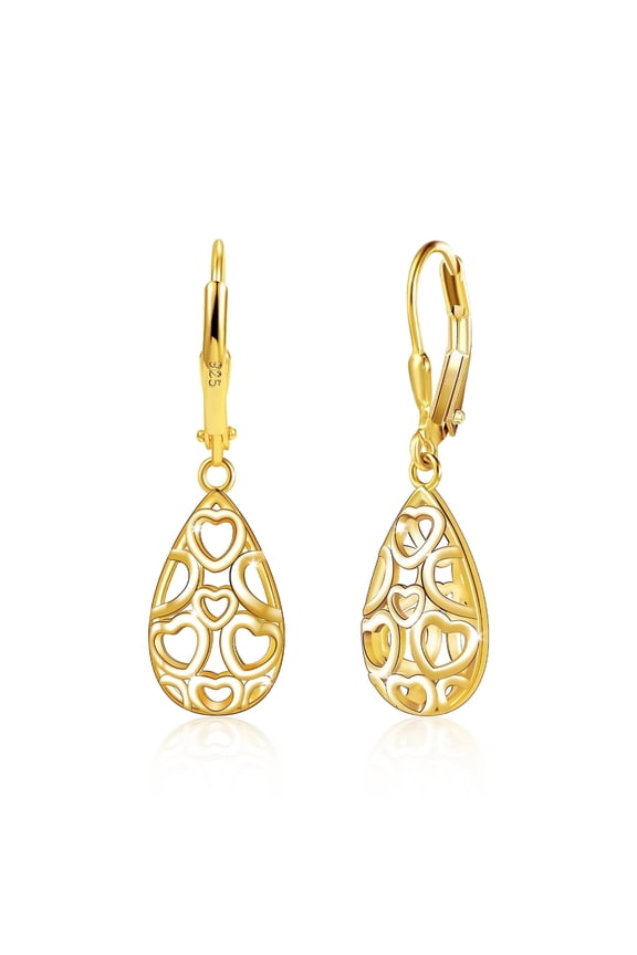 14K Gold Plated Teardrop Leverback Filigree Dangle Earrings, Hypoallergenic Sterling Silver Plated earrings for Women