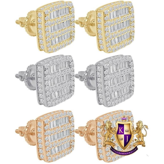 14K Gold Tone Baguette Icy Square Prong .925 Sterling Silver Screw Back Earrings Unisex 10mm