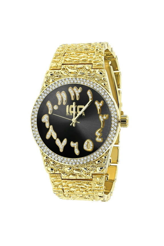 14K Gold Tone Nugget Style Mens Watch Arabic Numeral Dial Black Onyx Face Simulated Diamond