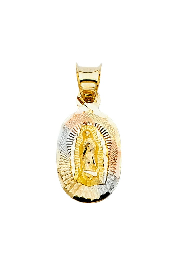 14K Gold Tri Color Diamond Cut Guadalupe Stamp Religious Pendant for Men Women