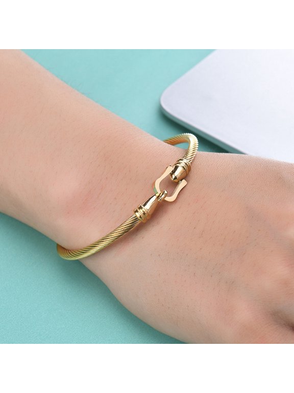 14K Gold Twisted Cable Wire Bracelets with Hook Clasp Stylish Roman Digital Bangle Punk Bracelet for Women Men