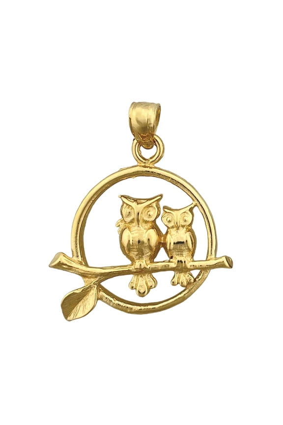 14K Gold Two Owls Perched Encircled Pendant