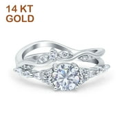 BLUE APPLE JEWELRY 14K Gold Two Piece Vintage Art Deco Set Ring Round Simulated CZ Wedding Ring Size 5