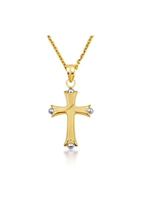 14K Gold Two Tone Beaded Sacred Cross Pendant Necklace (Pendant with 16" chain)