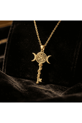 14K Gold Filled Vintage Triple Moon Hecate Key Pendant Chain, Men & Women Mystical Rhinestone Statement Jewelry