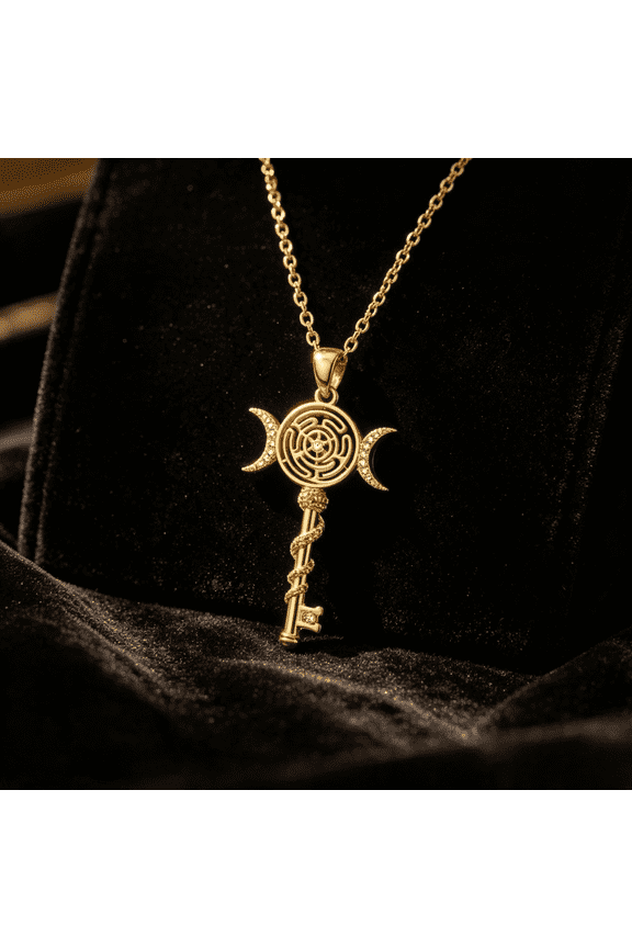 14K Gold Filled Vintage Triple Moon Hecate Key Pendant Chain, Men & Women Mystical Rhinestone Statement Jewelry