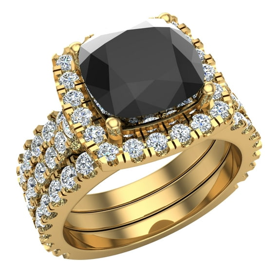14K Gold Wedding Ring Set for Women Cushion Cut Black Diamond Halo Ring 3.85 Carat