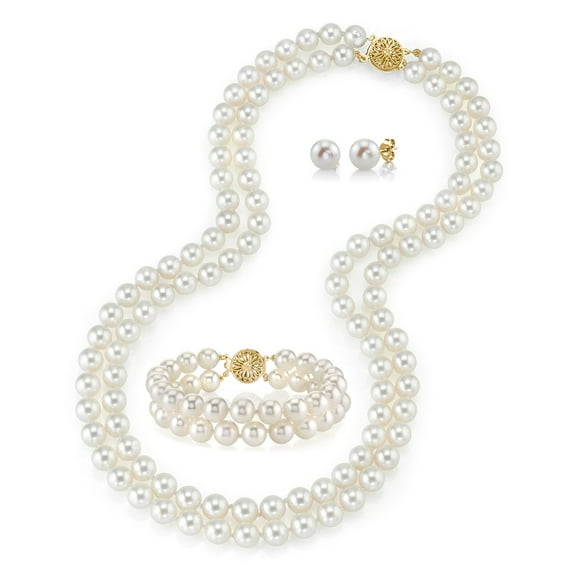 14K Gold White Freshwater Double Strand Cultured Pearl Necklace, Bracelet & Earrings Set - AAAA Quality, 19-20" Necklace Length