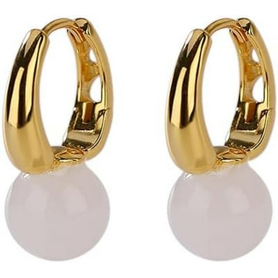 14K Gold White Jade and Green Jade Round Bead Earrings For Women, Unique Gift for Friends On Christmas