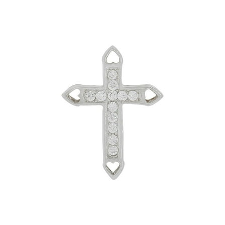 14K Gold White Rhodium, Small Cross Pendant Religious Charm Created CZ Crystals Slider 16mm NO Necklace