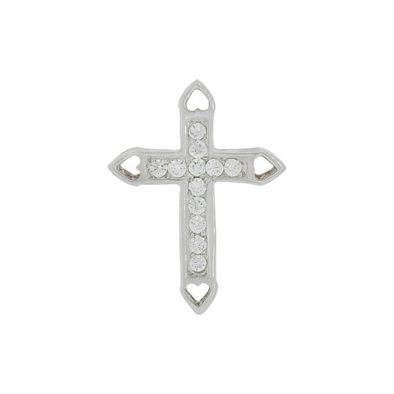 14K Gold White Rhodium, Small Cross Pendant Religious Charm Created CZ Crystals Slider 16mm with 16" Dainty Neck Chain