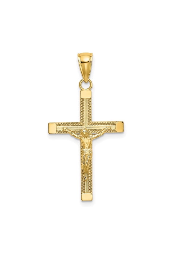 14K Gold Yellow Gold Polished and Textured Crucifix Charm Religious Cross Pendant Unisex Jewelry Length : 30mm,