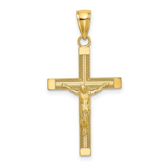 14K Gold Yellow High Polished and Textured Crucifix Charm Religious Cross Pendant ( Weight : 1.14 Grm, Length : 30mm, Width : 17mm )