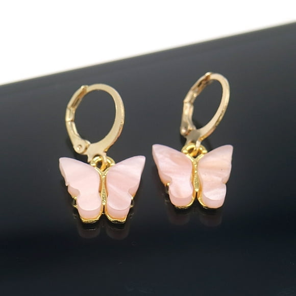 14K Gold and Lab Created Opal Butterfly Drop and Dangle Earring Gold over Stainless Steel