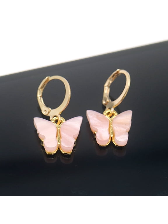 14K Gold and Lab Created Opal Butterfly Drop and Dangle Earring Gold over Stainless Steel