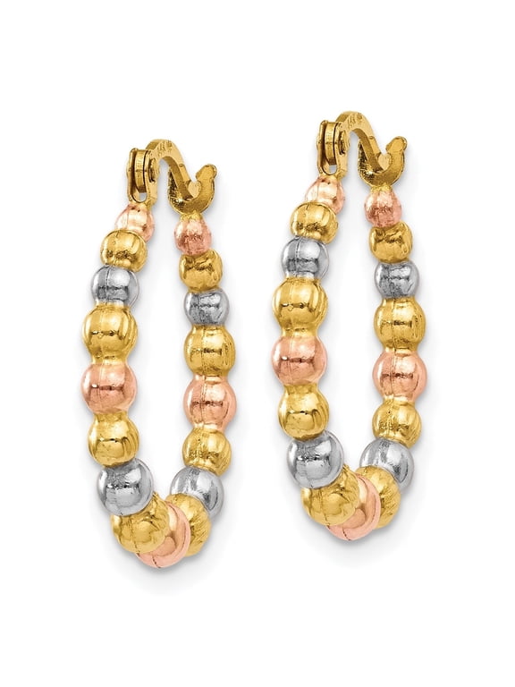 Tri-Color Beaded Hoop Earrings for Women in 14K Gold with White & Rose Rhodium Finish