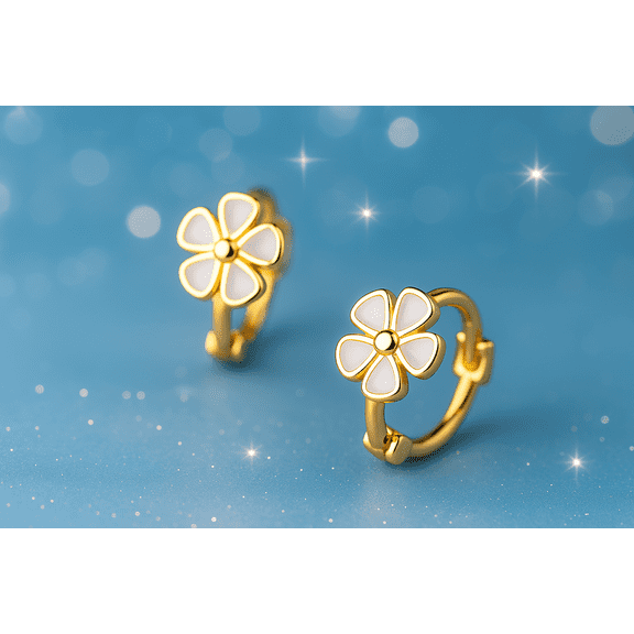 RYSKYJEWELRY Flower Huggie Gold Earrings, 925 Sterling Gold, All Ages