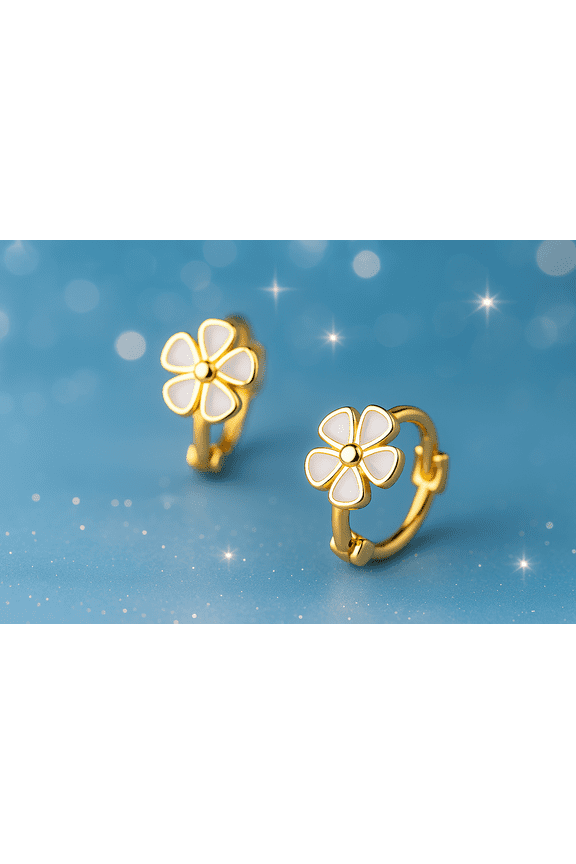 Flower Huggie Gold Earrings, 925 Sterling Gold, All Ages