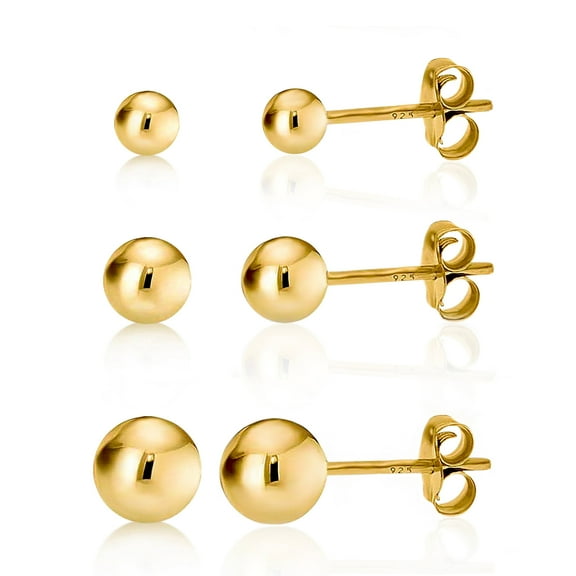 Kezef 14K Gold over 925 Silver High Polish Smooth Round Ball Stud Earring 3-Size Set - 3mm, 4mm, 5mm