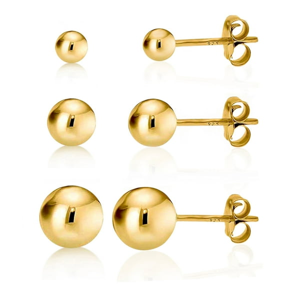 Kezef Women's 14K Gold over 925 Silver Round Ball Stud Earring 3-Size Set - 3mm to 7mm