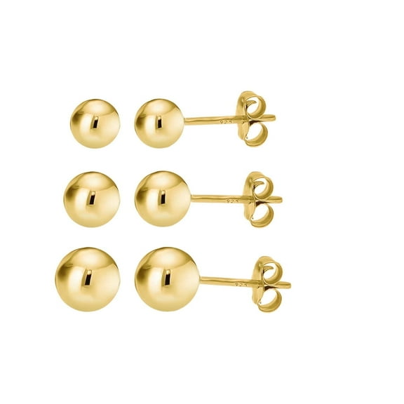 Kezef Women's 14K Gold over 925 Silver High Polish Smooth Round Ball Stud Earring 3-Size Set - 5mm to 7mm
