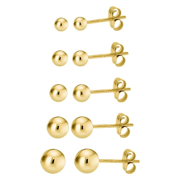 Kezef 14K Gold over 925 Silver High Polish Smooth Round Ball Stud Earring 5-Size Set - 2mm, 3mm, 4mm, 5mm, 6mm