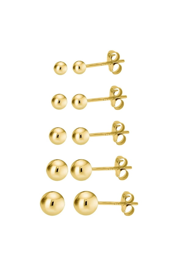 14K Gold over 925 Silver High Polish Smooth Round Ball Stud Earring 5-Size Set - 2mm, 3mm, 4mm, 5mm, 6mm