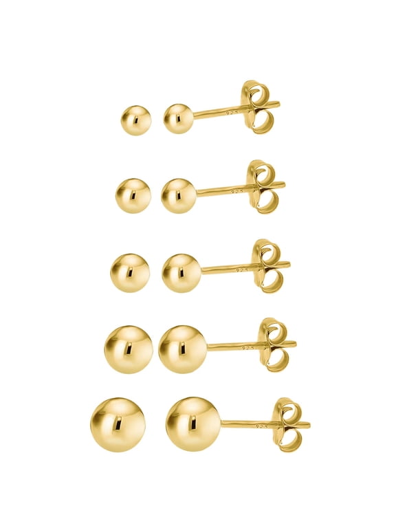 14K Gold over 925 Silver High Polish Smooth Round Ball Stud Earring 5-Size Set - 2mm, 3mm, 4mm, 5mm, 6mm