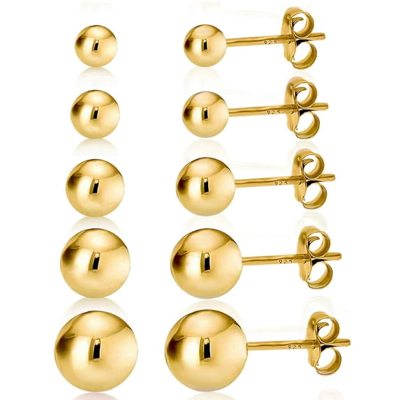 Kezef Women's Gold plated over 925 Silver High Polish Smooth Round Ball Stud Earring 5-Size Set - 3mm - 7mm